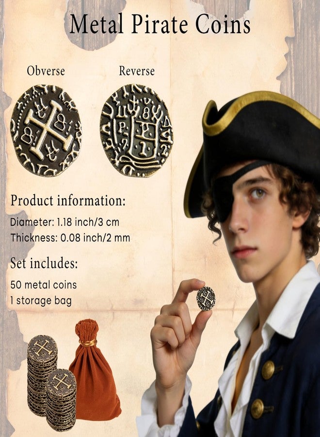 v2croft 50 Metal Pirate Coins, Bronze Treasure Coin Set, Metal Replica Spanish Doubloons for Board Games Tokens, Kids Cosplay Pirate Party Treasure Chest Coin (1.18'') - Image 2